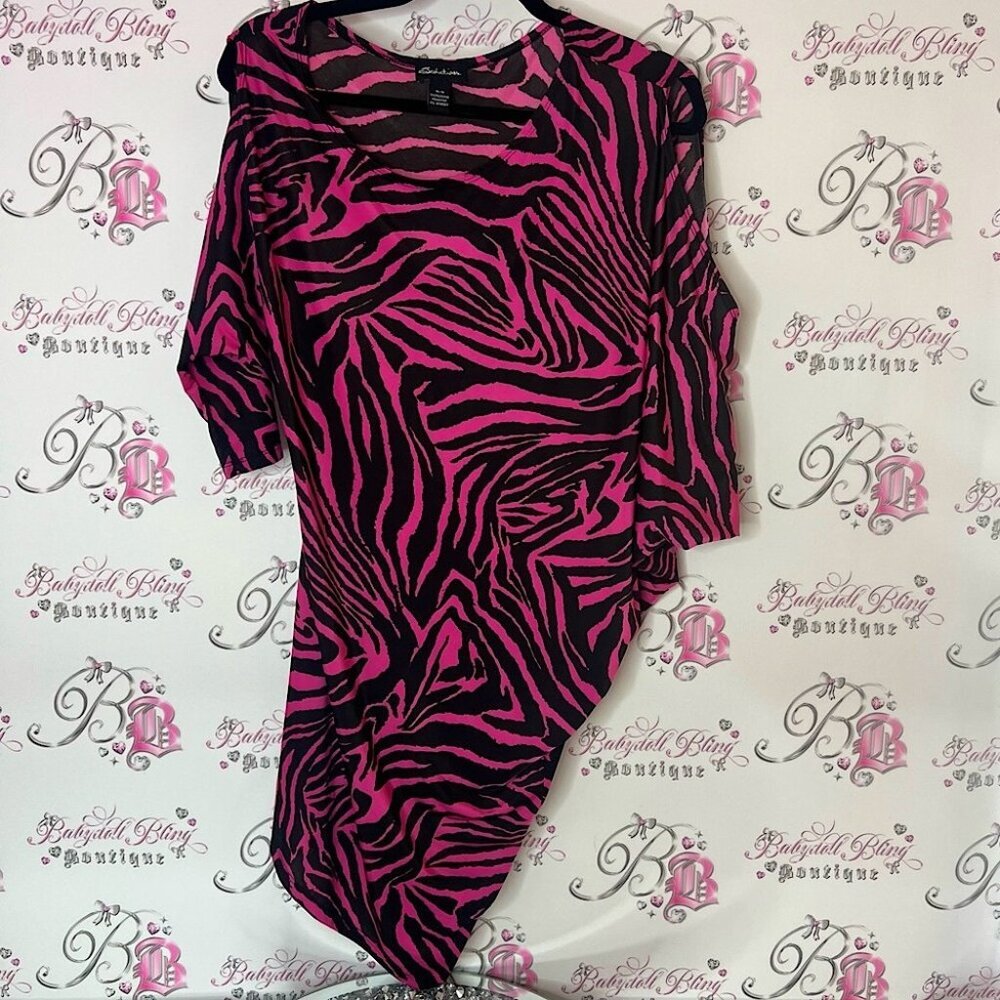 Senductions dress asymmetrical cold shoulders Pink and Black Zebra Print Dress